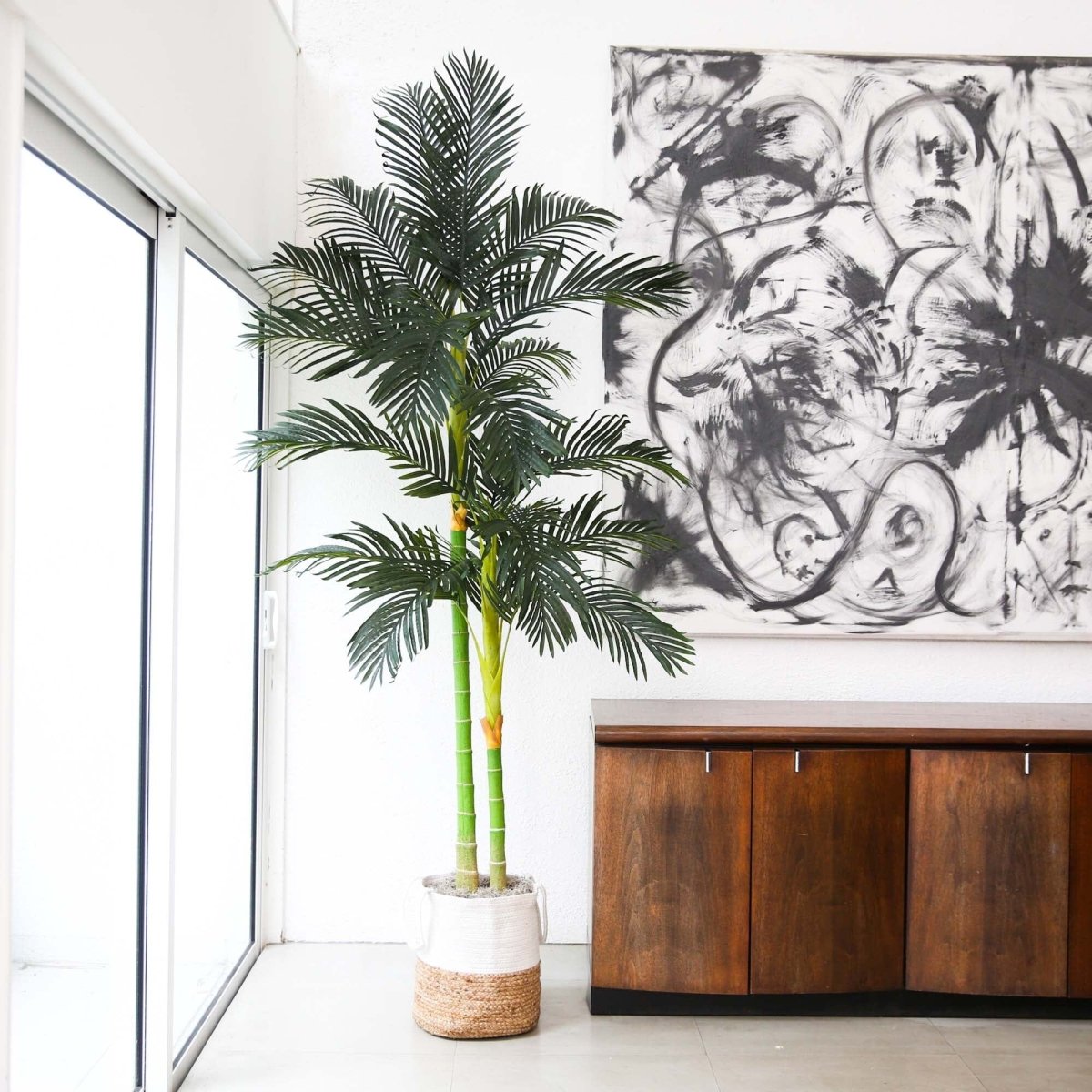 palm tree planter Nearly Natural 8ft. Golden Cane Artificial Palm Tree in Handmade Natural Cotton Planter