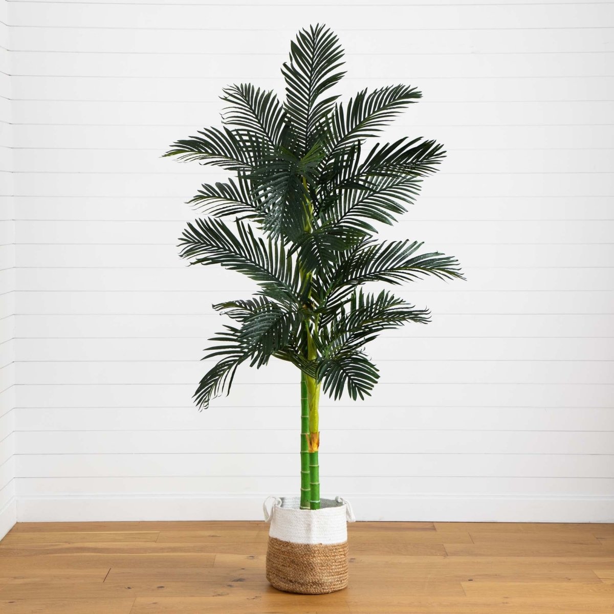 Nearly Natural 8ft. Golden Cane Artificial Palm Tree in Handmade Natural Cotton Planter