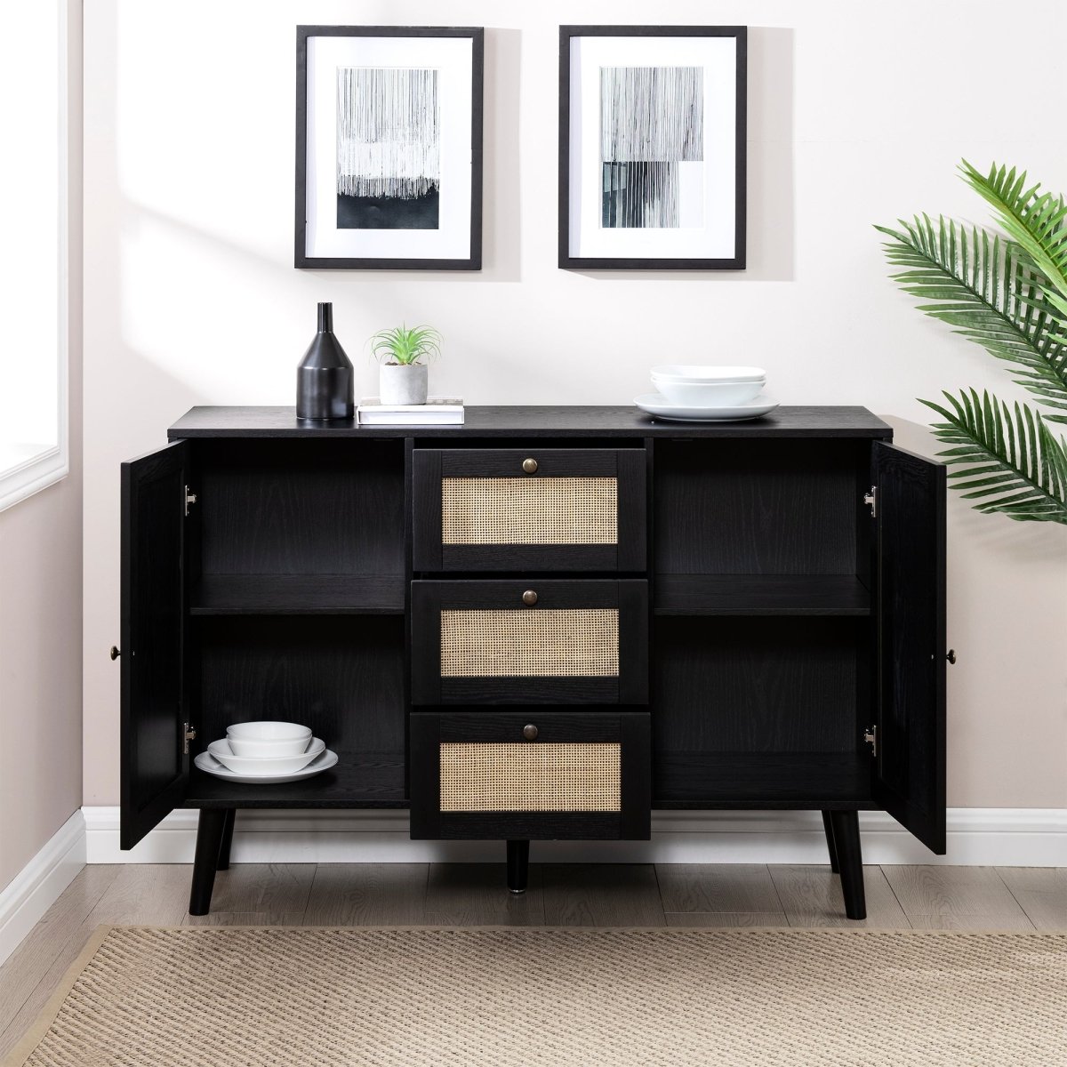 Walker Edison Boho 3 Drawer Solid Wood and Rattan Sideboard - lily & onyx