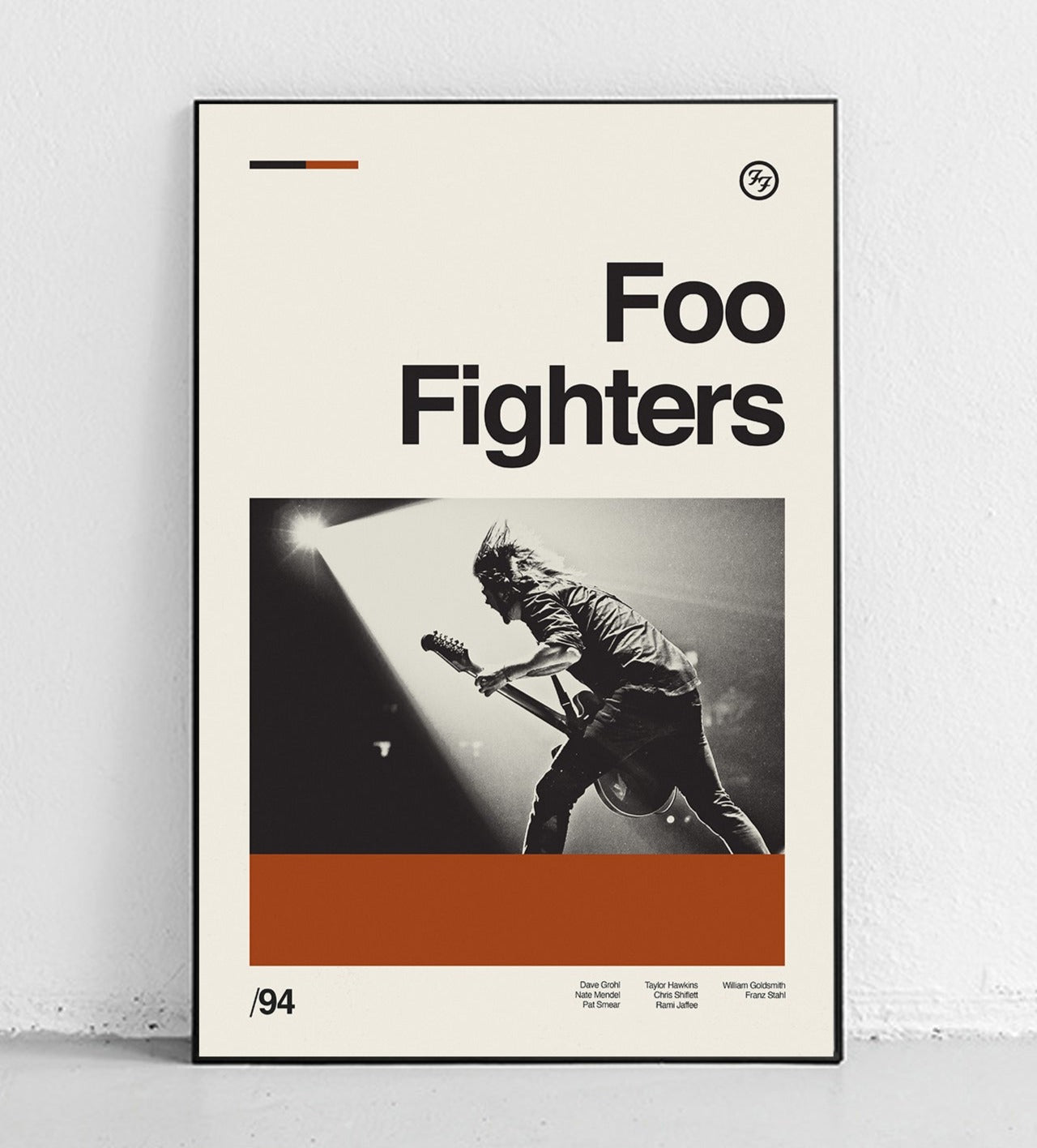 Foo Fighters art print in vibrant colors, available with optional black or natural wood frames, by Sandgrain Studio.