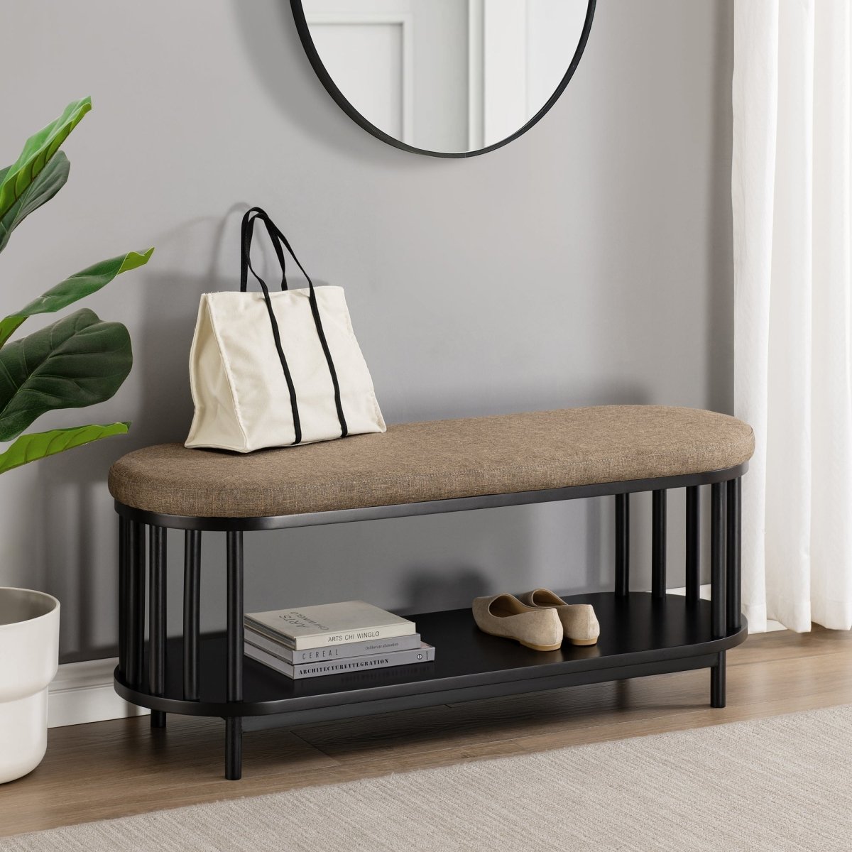 Walker Edison Scandi Upholstered-Top Storage Bench with Lower Shelf - lily & onyx