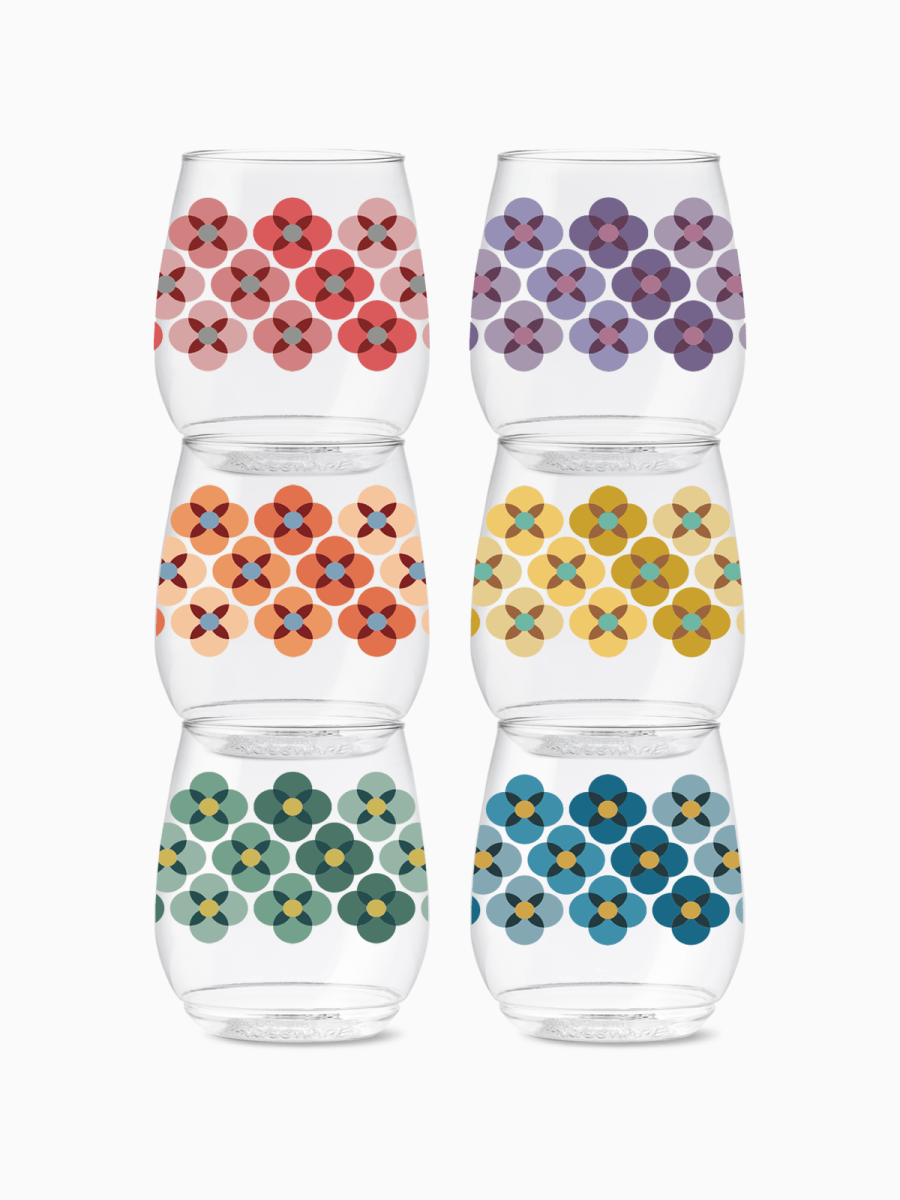 TOSSWARE 70s Flower Pattern Vino Cup - 14oz Unbreakable Recycled Plastic Wine Glass
