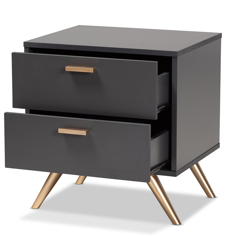 Baxton Studio Kelson Modern And Contemporary Dark Gray And Gold Finished Wood 2 Drawer Nightstand - lily & onyx