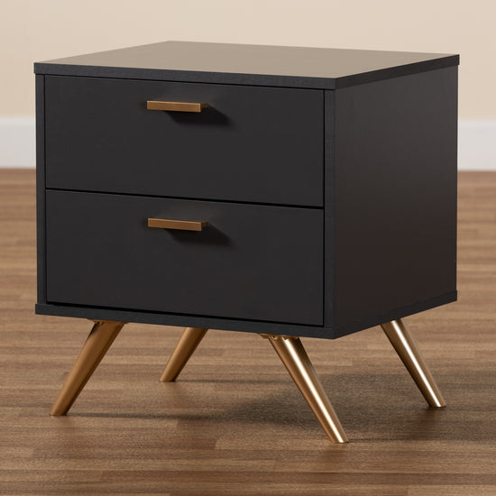Baxton Studio Kelson Modern And Contemporary Dark Gray And Gold Finished Wood 2 Drawer Nightstand - lily & onyx