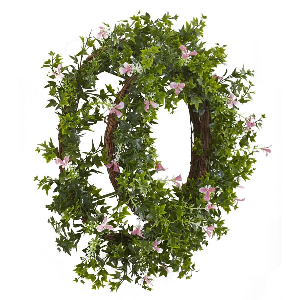 Nearly Natural 18” Mini Ivy & Floral Double Ring Wreath with Twig Base - lily & onyx