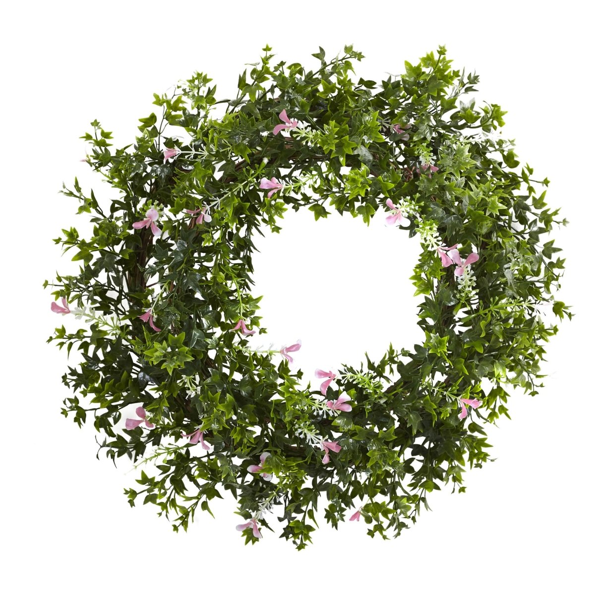 Nearly Natural 18” Mini Ivy & Floral Double Ring Wreath with Twig Base - lily & onyx