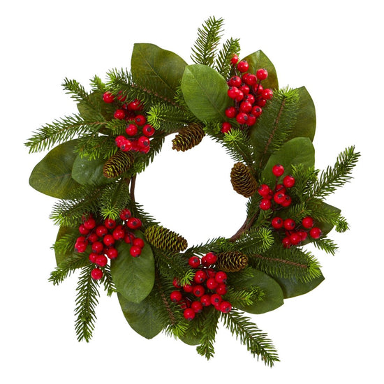 Nearly Natural 19” Magnolia Leaf, Berry And Pine Artificial Wreath - lily & onyx