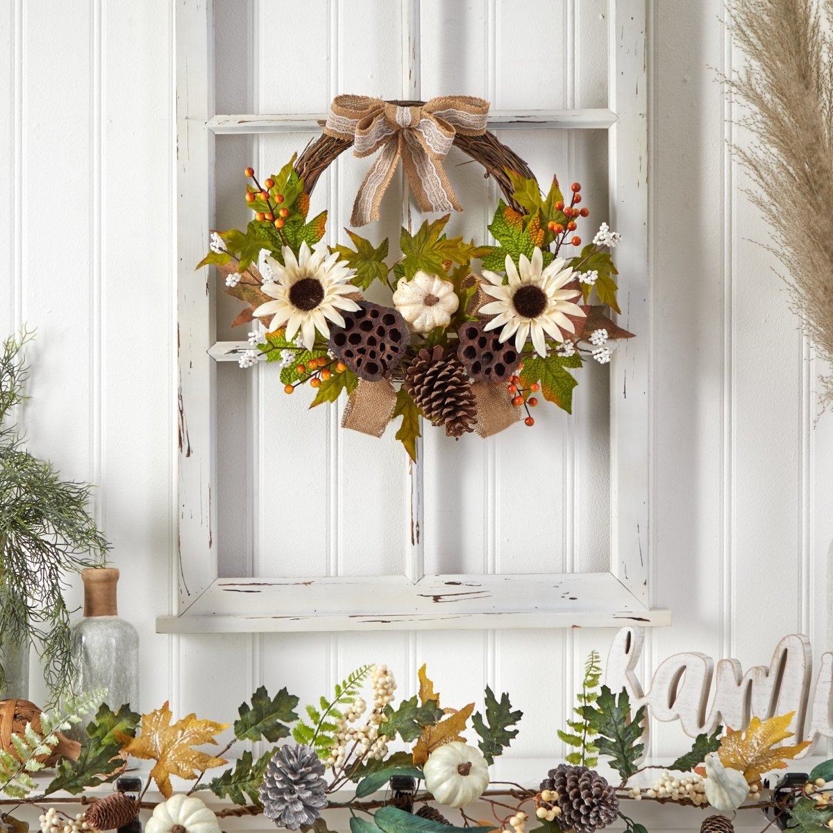 Nearly Natural 20” Autumn Sunflower, White Pumpkin & Dried Lotus Pod Artificial Fall Wreath With Decorative Bow - lily & onyx