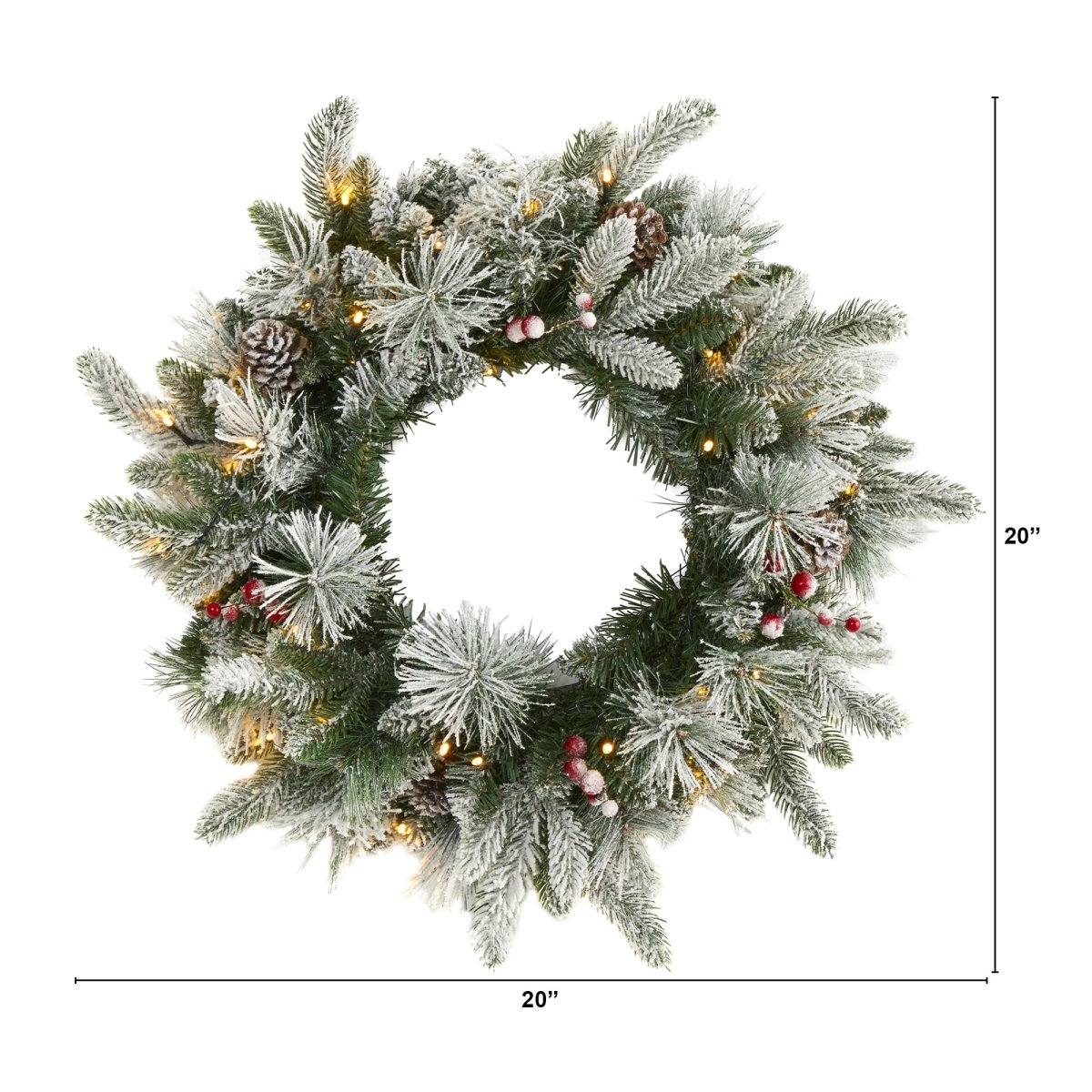 Nearly Natural 20” Flocked Mixed Pine Artificial Christmas Wreath With 50 Led Lights, Pine Cones And Berries - lily & onyx