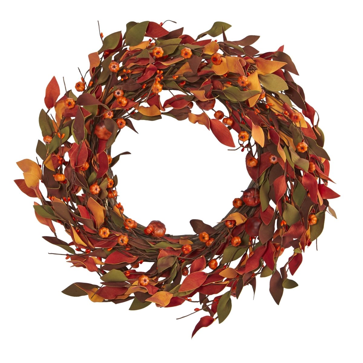 Nearly Natural 20” Harvest Leaf And Mini Pumpkin Artificial Wreath - lily & onyx