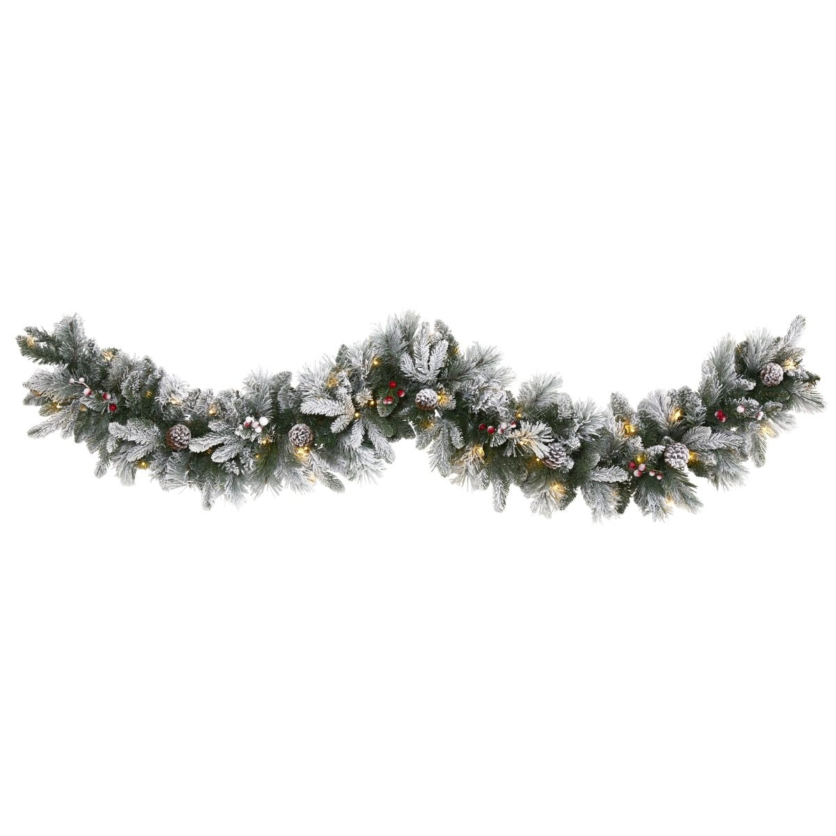 Nearly Natural 6’ Flocked Mixed Pine Artificial Christmas Garland With 50 Led Lights, Pine Cones And Berries - lily & onyx