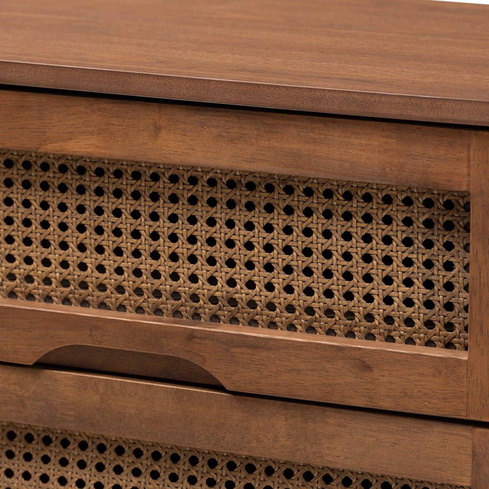 Baxton Studio Barrett Mid Century Modern Walnut Brown Finished Wood And Synthetic Rattan 6 Drawer Dresser - lily & onyx