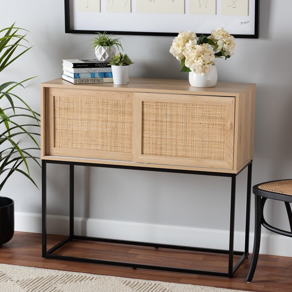 Baxton Studio Amelia Mid-Century Modern Transitional Brown Finished Wood & Natural Rattan Sideboard Buffet - lily & onyx