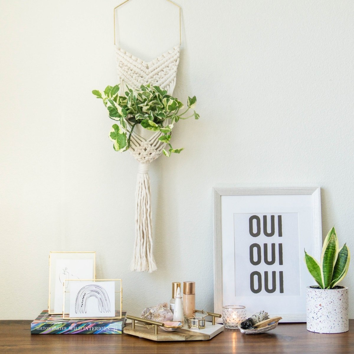 brass wall plant hanger Macrame Plant Hanger with Brass Hexagon Frame