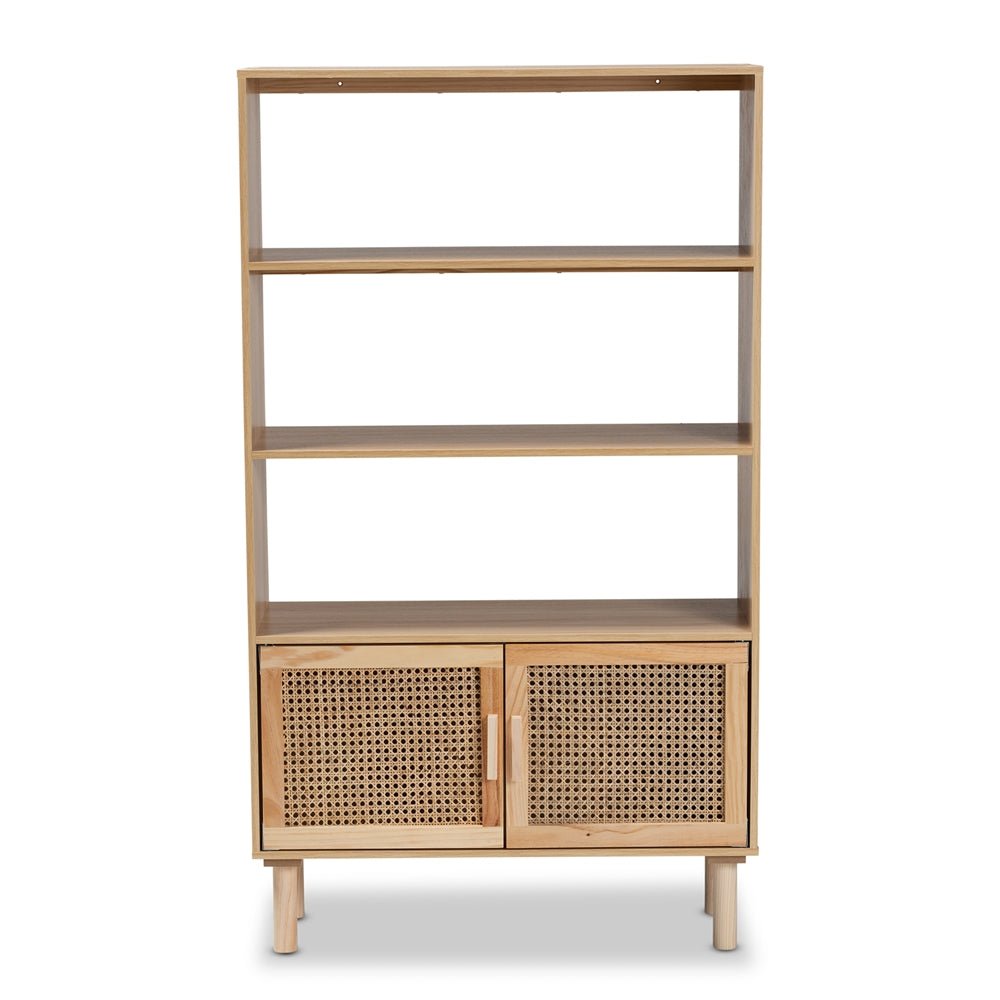 Baxton Studio Faulkner Mid Century Modern Natural Brown Finished Wood And Rattan 2 Door Bookcase - lily & onyx
