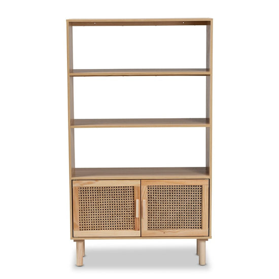 Baxton Studio Faulkner Mid Century Modern Natural Brown Finished Wood And Rattan 2 Door Bookcase - lily & onyx