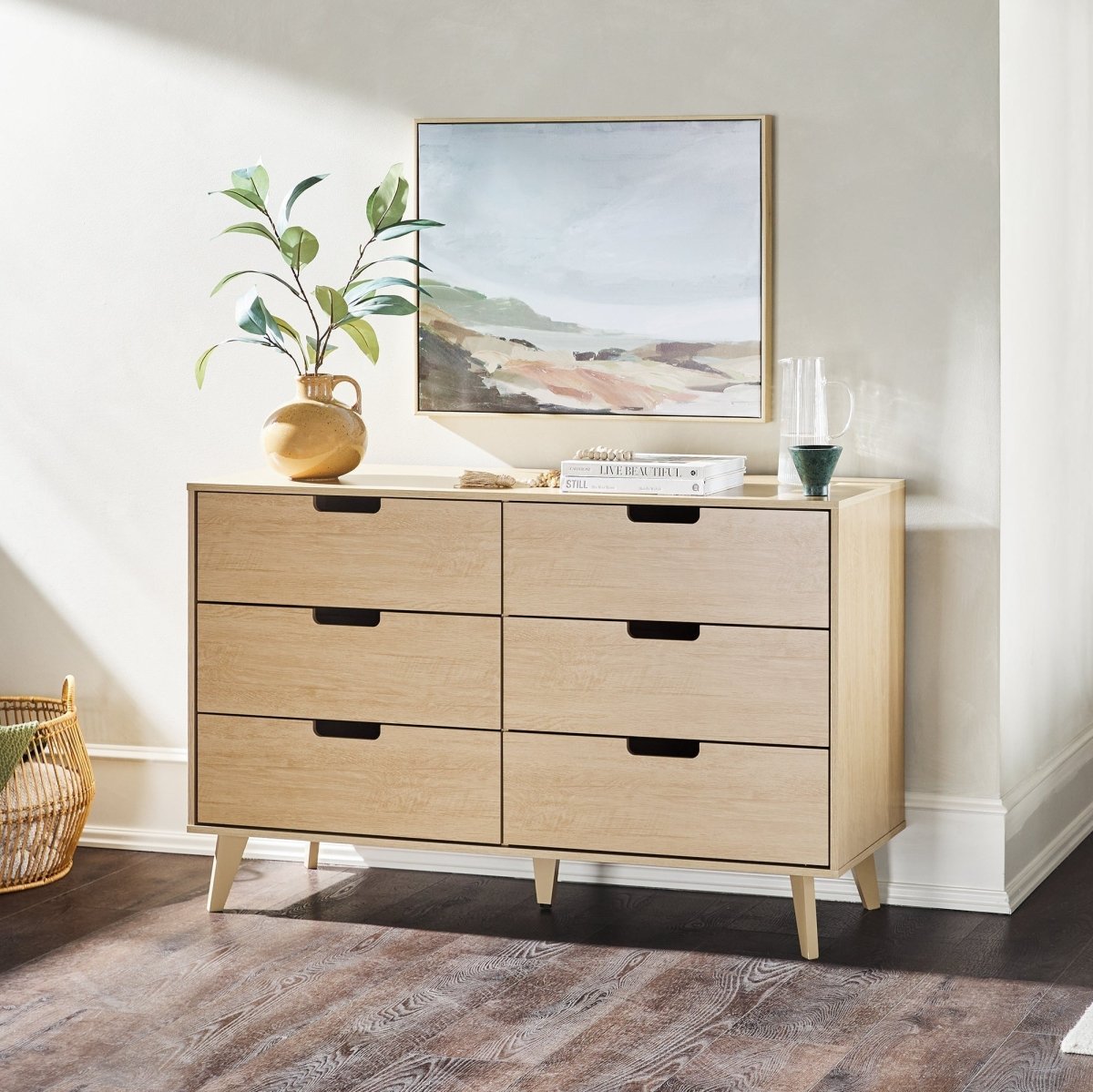 walker edison mid century modern dresser Mid-Century Modern 6 Drawer Dresser with Cut Out Handles Black