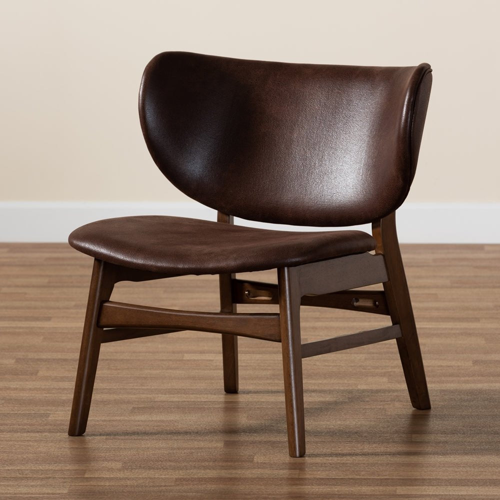 Baxton Studio Marcos Mid Century Modern Dark Brown Faux Leather & Walnut Finished Wood Living Room Accent Chair - lily & onyx