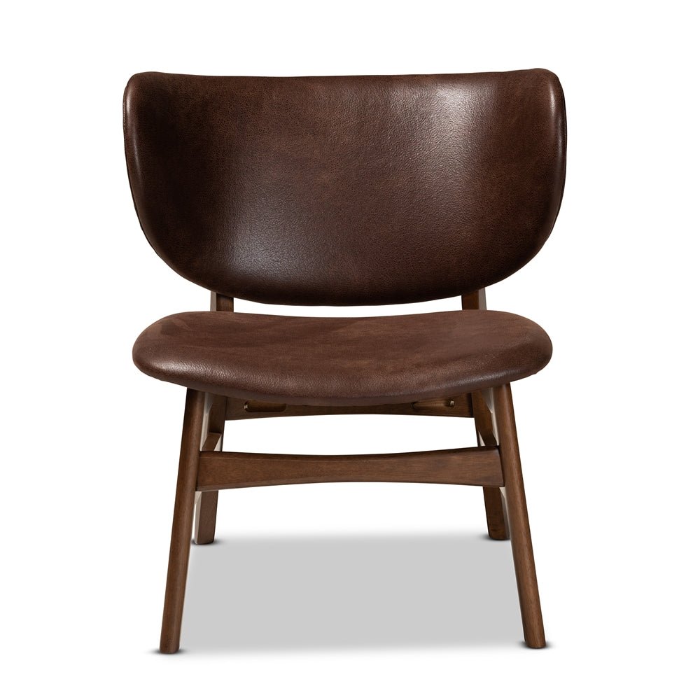 Baxton Studio Marcos Mid Century Modern Dark Brown Faux Leather & Walnut Finished Wood Living Room Accent Chair - lily & onyx