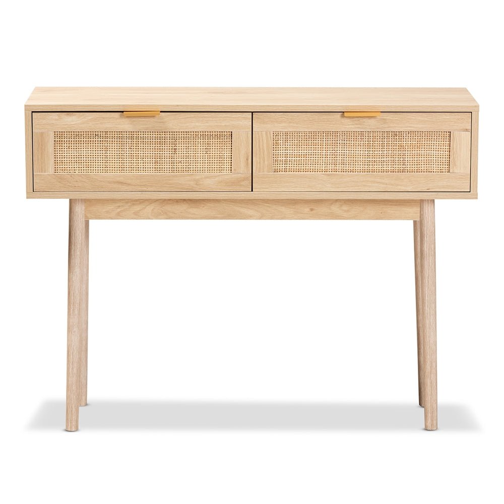 Baxton Studio Mid Century Modern Light Oak Brown Finished Wood And Rattan 2 Drawer Console Table - lily & onyx
