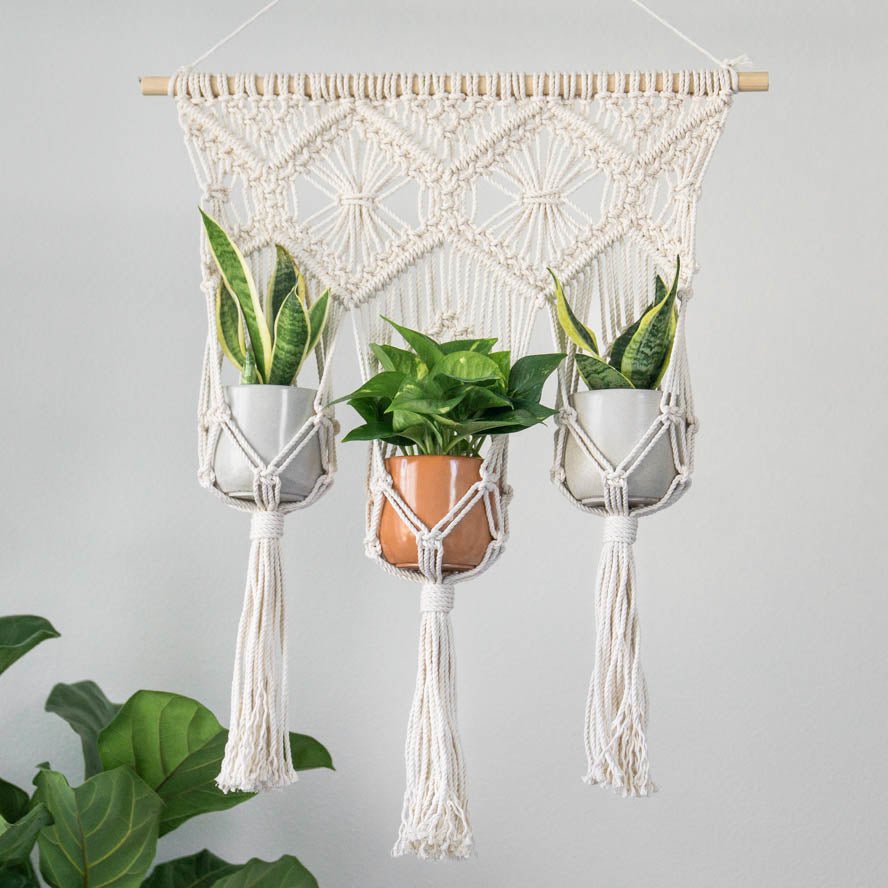 plant hanger with yarn Triple Pot Macrame Plant Hanger Boho Statement Piece