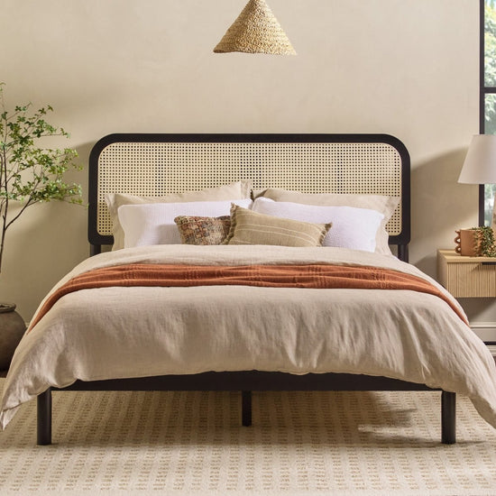Walker Edison Neru Boho Curved Rattan-Headboard Bed Collection (Queen or King) - lily & onyx