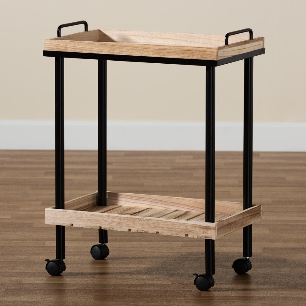Baxton Studio Olinda Modern And Contemporary Oak Brown Finished Wood And Black Metal Kitchen Cart - lily & onyx
