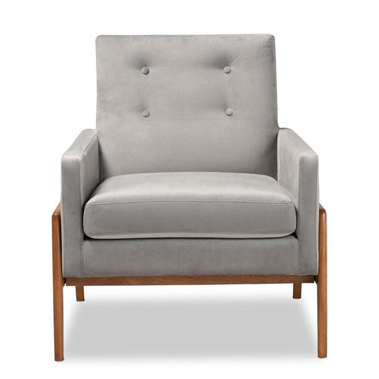 Baxton Studio Perris Mid Century Modern Gray Velvet Fabric Upholstered & Walnut Finished Wood Lounge Chair - lily & onyx