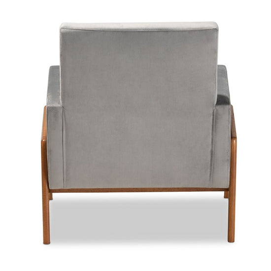 Baxton Studio Perris Mid Century Modern Gray Velvet Fabric Upholstered & Walnut Finished Wood Lounge Chair - lily & onyx