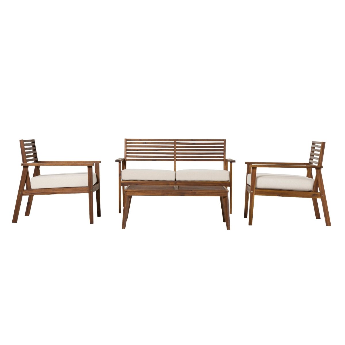 Walker Edison Zander 4-Piece Mid-Century Modern Acacia Outdoor Slat-Back Chat Set with Coffee Table - lily & onyx