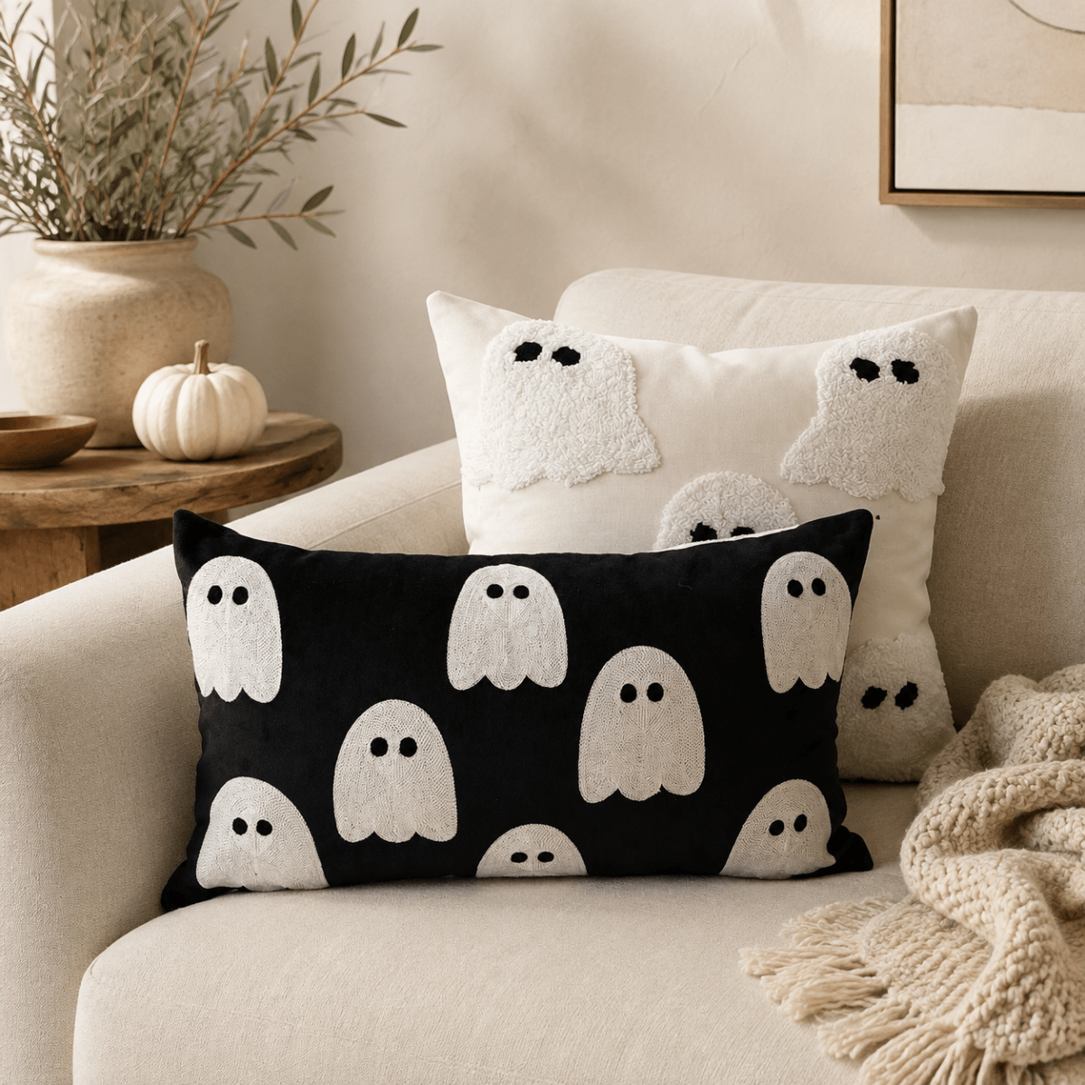 Busa Designs Black Ghost Velvet Lumbar Pillow Cover, 12x20" | Luxurious Halloween Decor