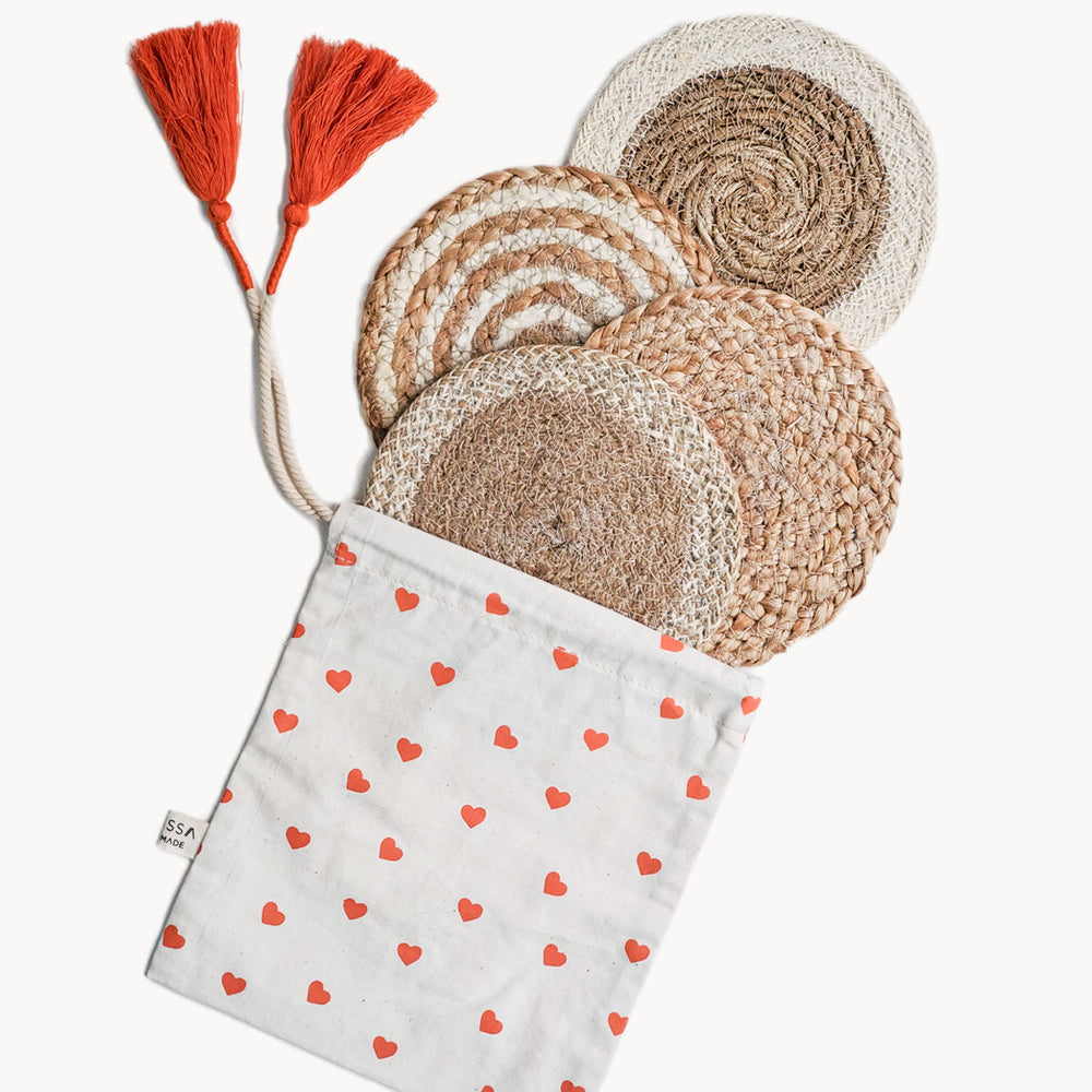 Natural Coaster Trivet Gift Set with Heart Pouch