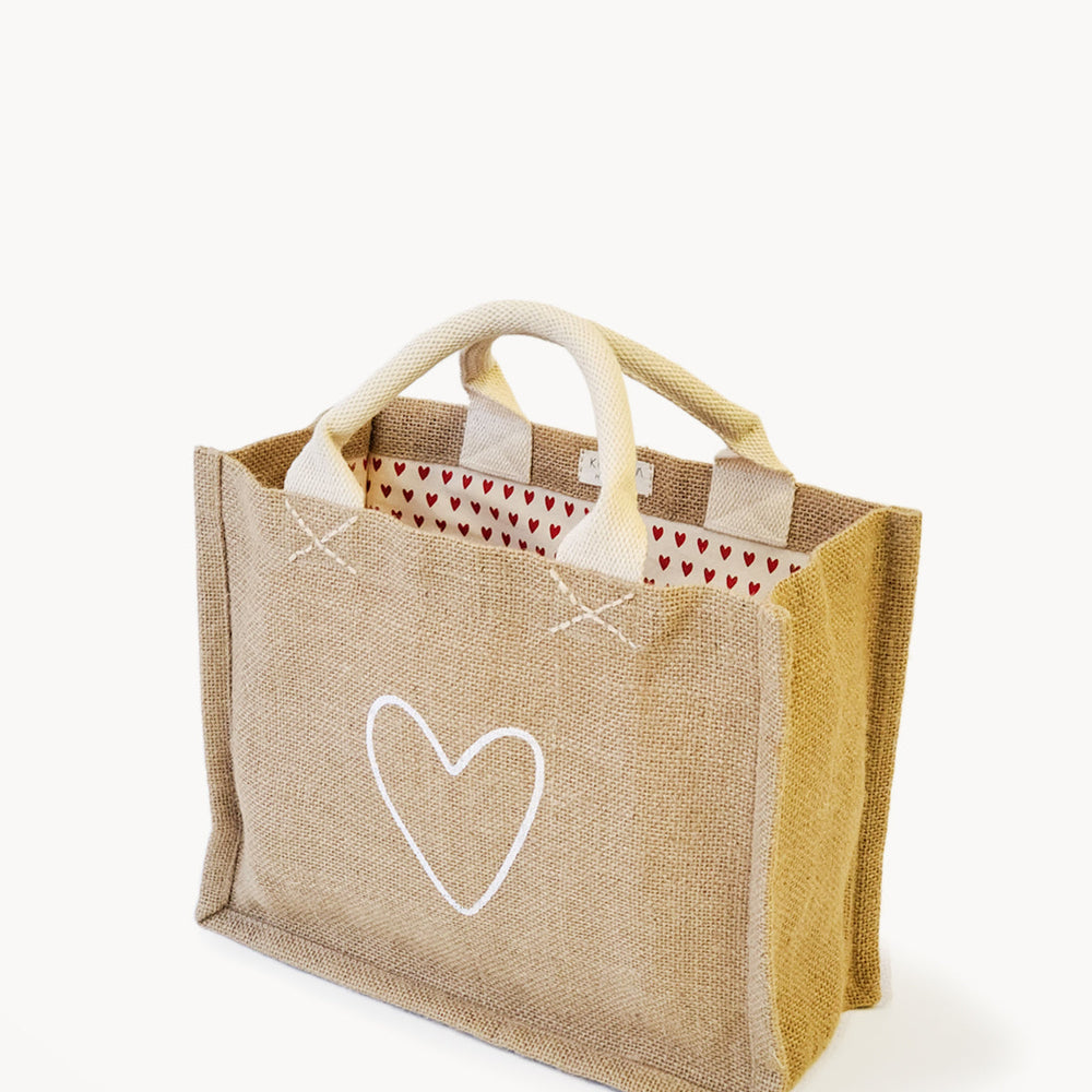 Jute Canvas Gift Bag with Red Hearts - Love