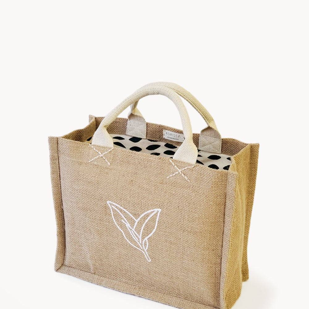 Jute Canvas Gift Bag with Green Leaves - Nature