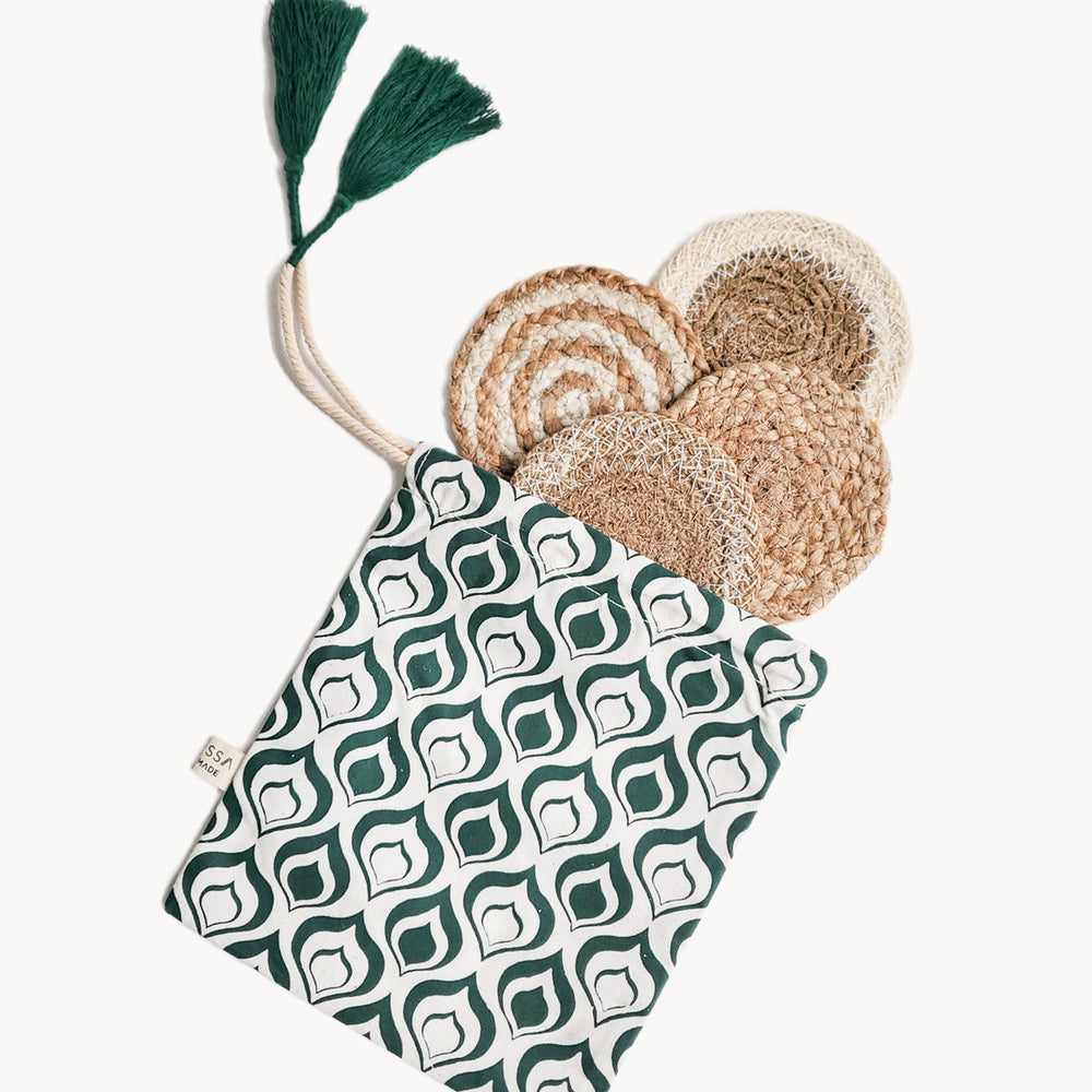 Natural Coaster Gift Set with Green Pouch