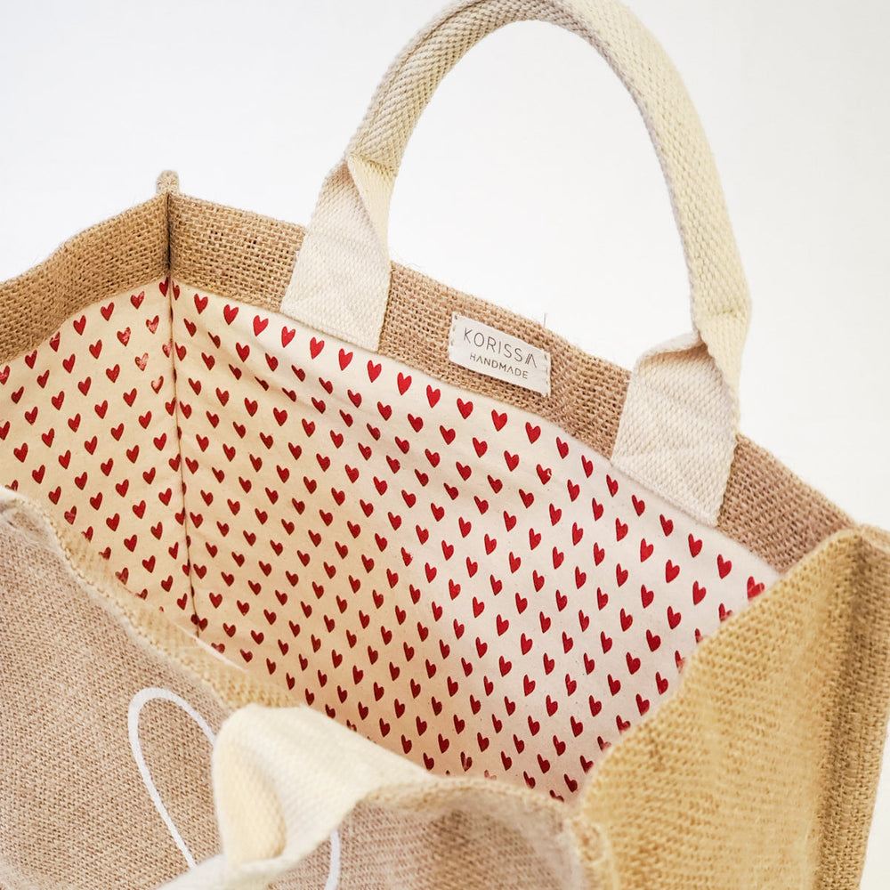 Jute Canvas Gift Bag with Red Hearts - Love