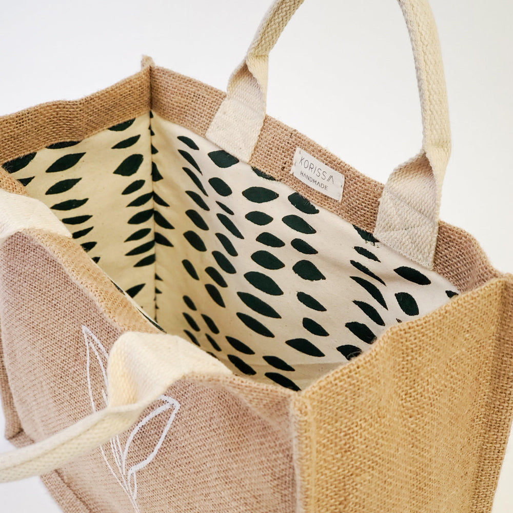 Jute Canvas Gift Bag with Green Leaves - Nature