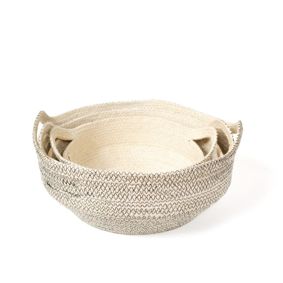 
                      
                        A trio of woven baskets with a textured black stitching pattern on a white background
                      
                    