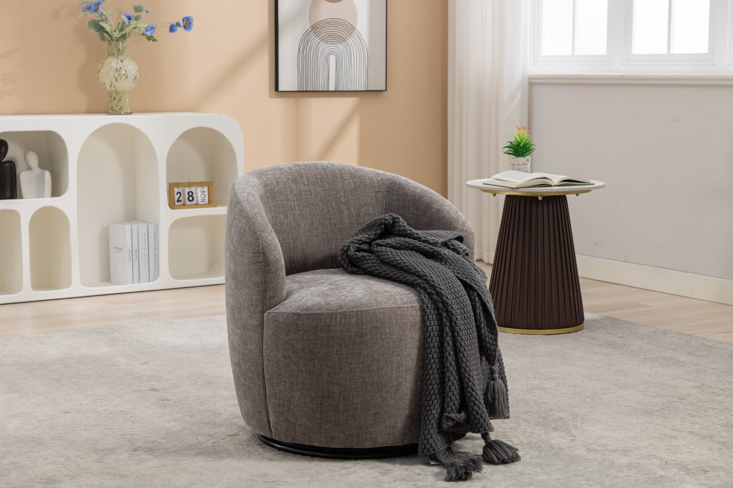 Chenille Swivel Accent Barrel Armchair, Gray