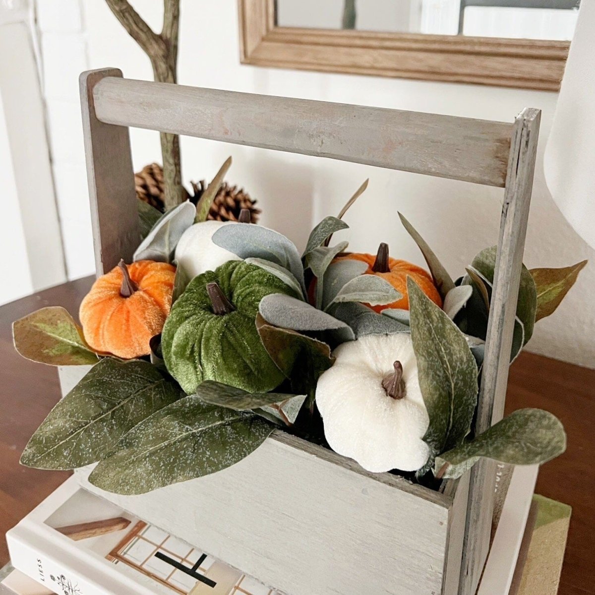 Nearly Natural 10” Fall Pumpkin Artificial Autumn Arrangement in Wood Basket - lily & onyx