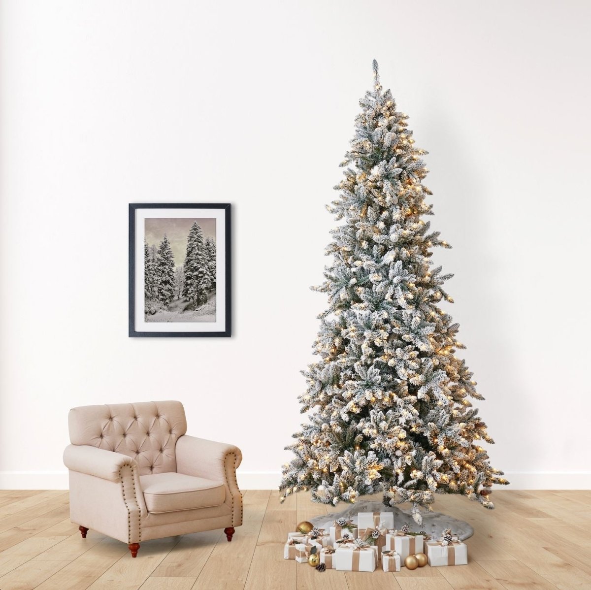 Nearly Natural 11’ Flocked Livingston Fir Artificial Christmas Tree with Pine Cones, 950 Clear Warm LED Lights and 3016 Bendable Branches - lily & onyx