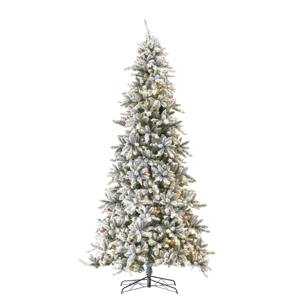 Nearly Natural 11’ Flocked Livingston Fir Artificial Christmas Tree with Pine Cones, 950 Clear Warm LED Lights and 3016 Bendable Branches - lily & onyx