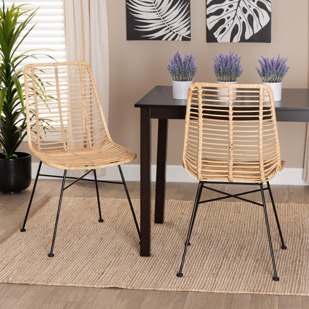 Baxton Studio Manhattan Modern Bohemian Natural Brown Rattan And Black Metal 2-Piece Dining Chair Set - lily & onyx