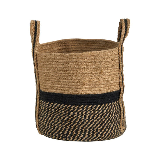 Nearly Natural 13" Boho Chic Basket Natural Jute Basket Planter, Black Bottom Natural Top with Handles - lily & onyx