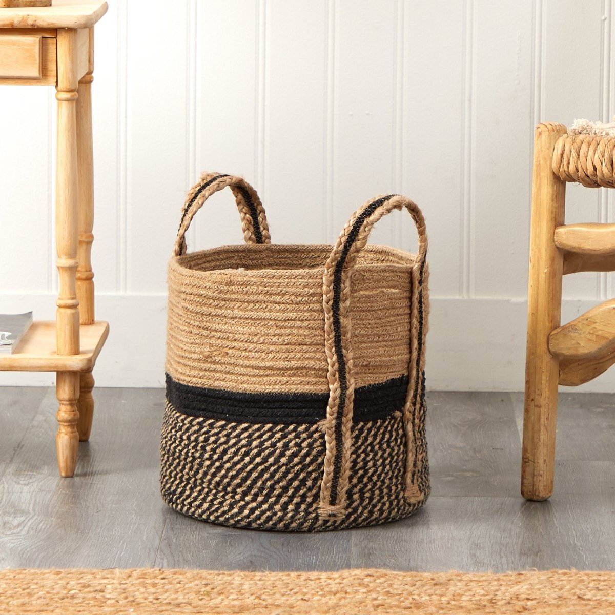 Nearly Natural 13" Boho Chic Basket Natural Jute Basket Planter, Black Bottom Natural Top with Handles - lily & onyx