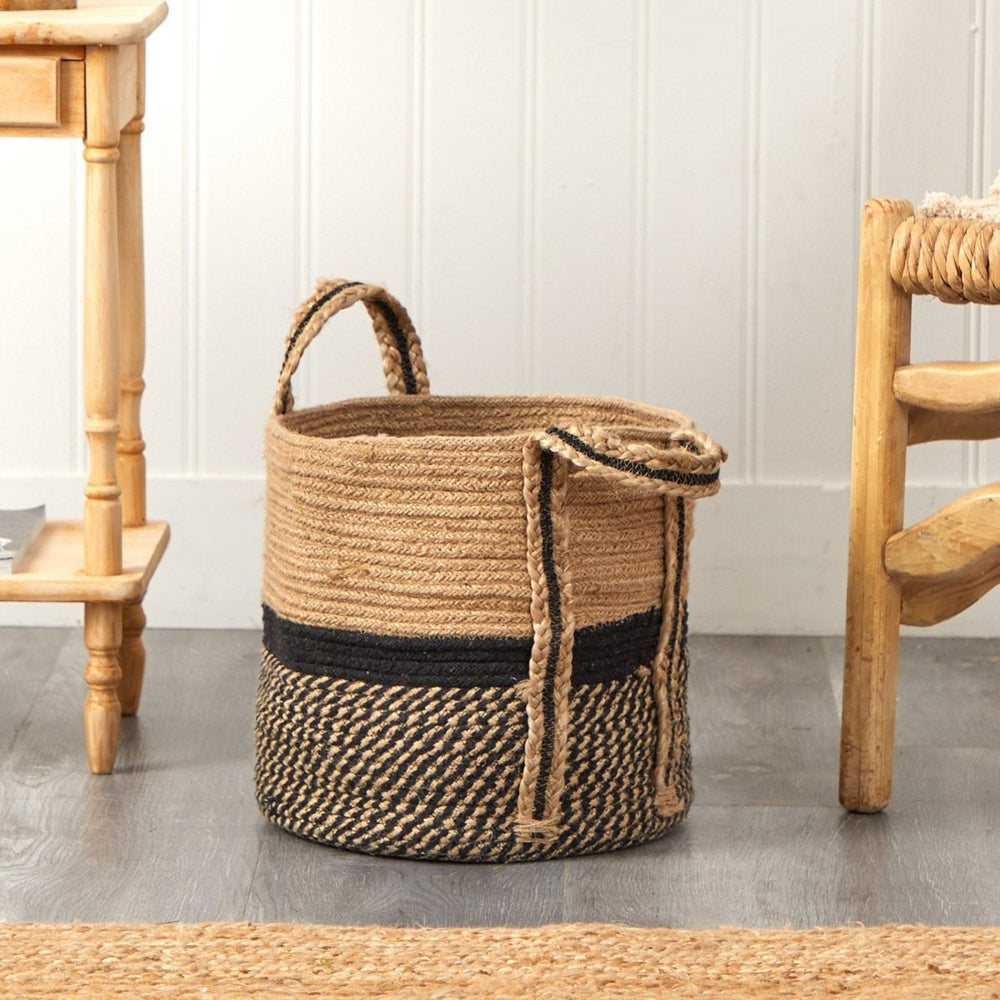 
                      
                        Nearly Natural 13" Boho Chic Basket Natural Jute Basket Planter, Black Bottom Natural Top with Handles - lily & onyx
                      
                    