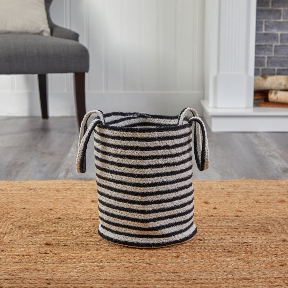 Nearly Natural 13” Boho Chic Handwoven Black & White Stripe Natural Cotton Basket with Handles - lily & onyx
