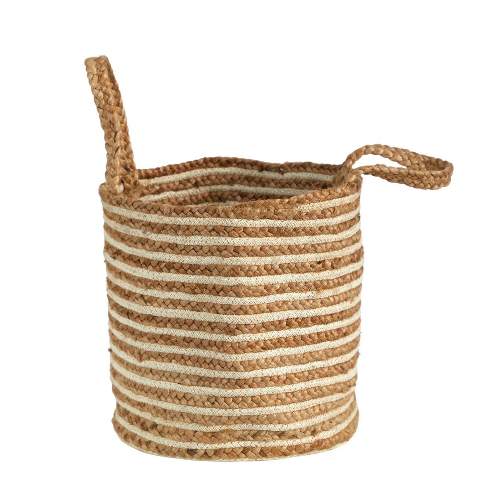 Nearly Natural 14” Boho Chic Handwoven Natural Cotton and Jute Stripe Basket with Handles - lily & onyx