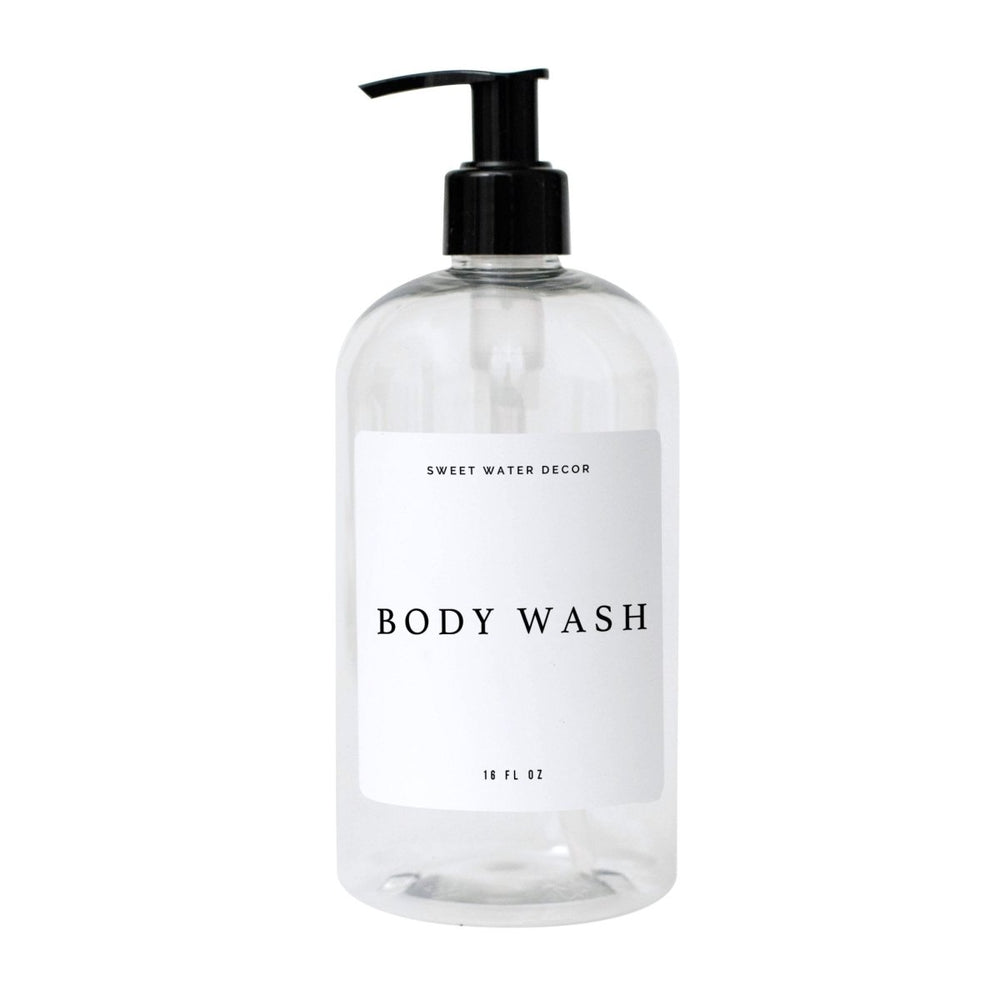 Sweet Water Decor 16oz Clear Plastic Body Wash Dispenser - White Text Label - lily & onyx
