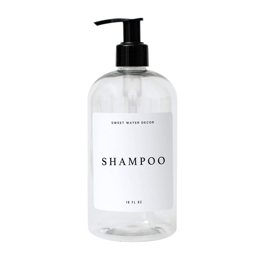 Sweet Water Decor 16oz Clear Plastic Shampoo Dispenser - White Text Label - lily & onyx